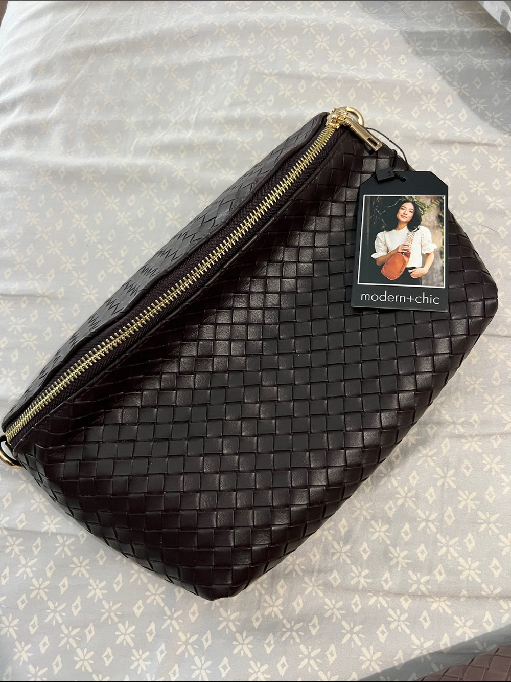 Modern + Chic Espresso Woven Vegan Leather Crossbody Bag